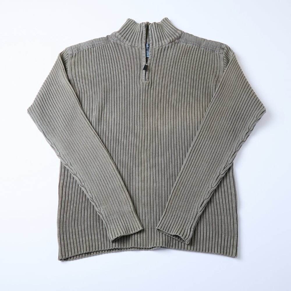 Oscar De La Renta Quarter Zip Mock Neck Ribbed Knit Olive Pullover Sweater XXL
